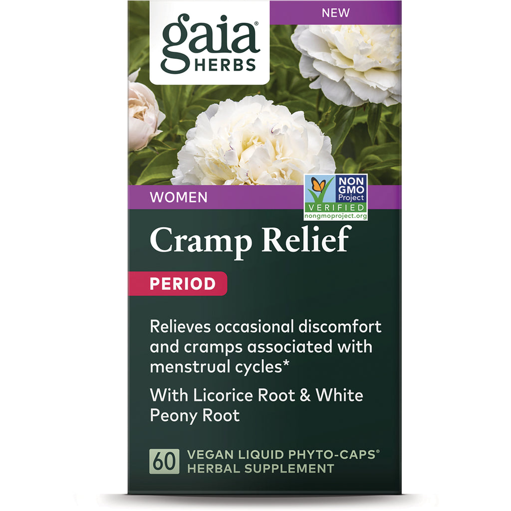 Gaia Herbs Cramp Relief PERIOD supplement box showing white peony and non GMO seal, 60 vegan liquid phyto-caps - Thumbnail