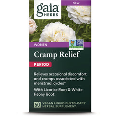 Gaia Herbs Cramp Relief PERIOD supplement box showing white peony and non GMO seal, 60 vegan liquid phyto-caps