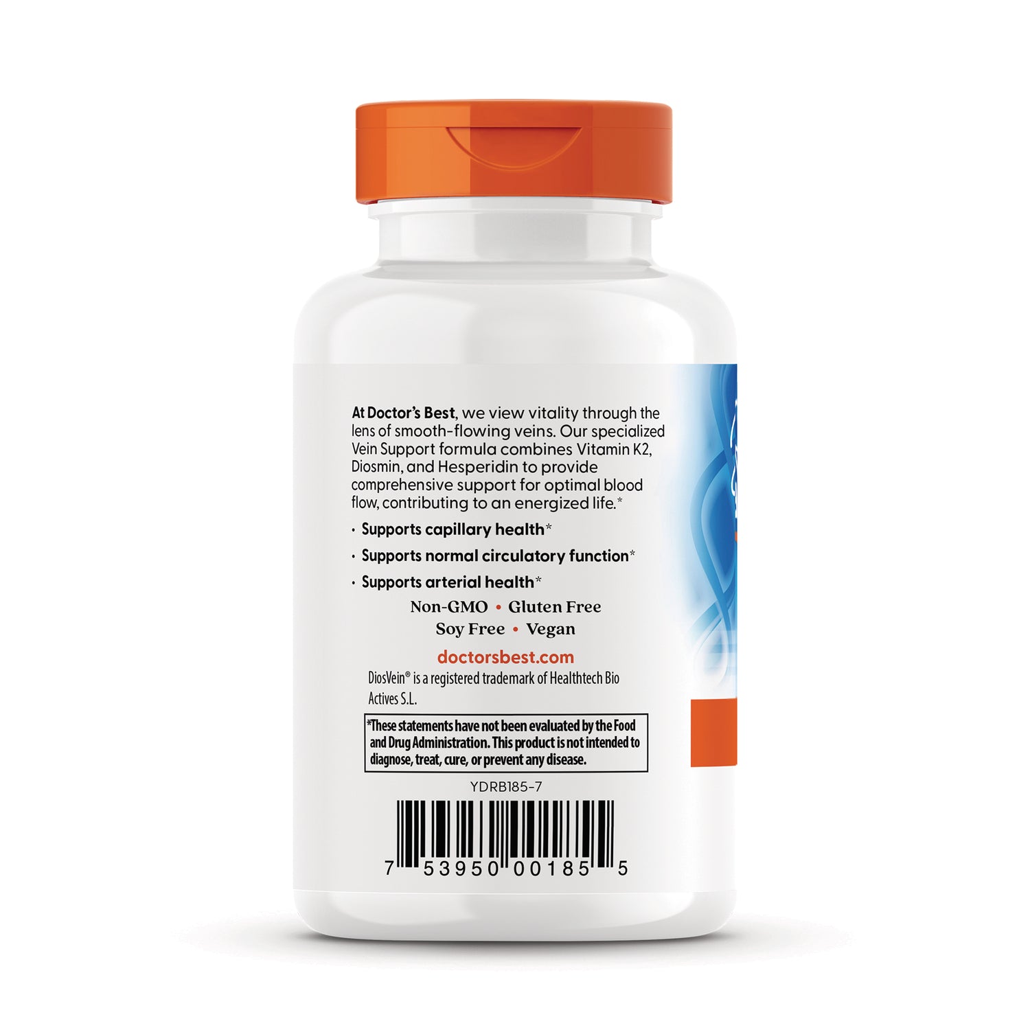 DB200 | Back label of white supplement bottle showing benefits text, Non-GMO Gluten Free Soy Free Vegan and barcode