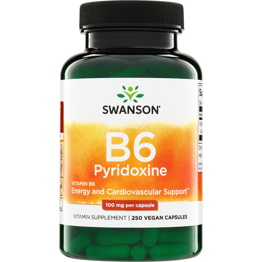 SW022 | Swanson B6 Pyridoxine, 100 mg per capsule, 250 vegan capsules bottle front - Thumbnail