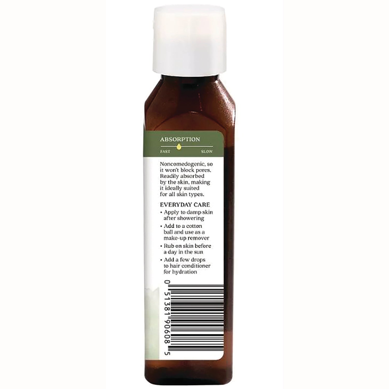 ARC058 | Back of brown rectangular bottle with white cap showing absorption label, everyday care text and barcode