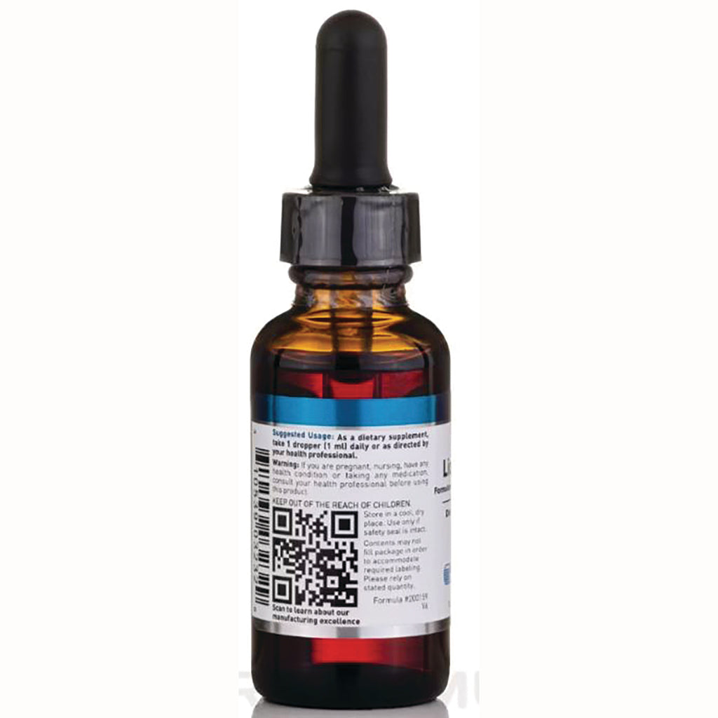 DGL018 | Back of amber dropper bottle showing white label with QR code, directions and black dropper cap - Thumbnail