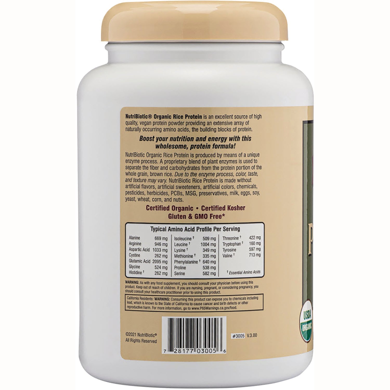 NUB019 | Back of white protein powder jar showing ingredient and nutrition panels, typical amino acid profile and barcode