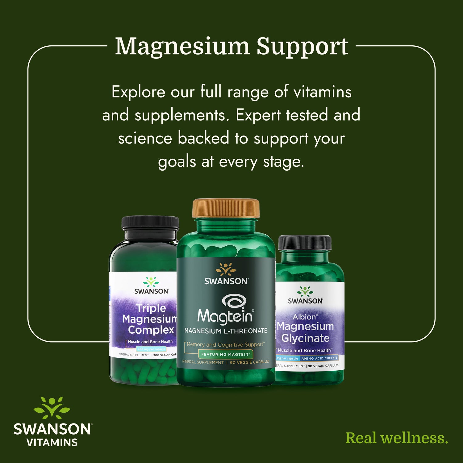 SW1243 | Swanson magnesium supplements with product range and Magnesium Support message