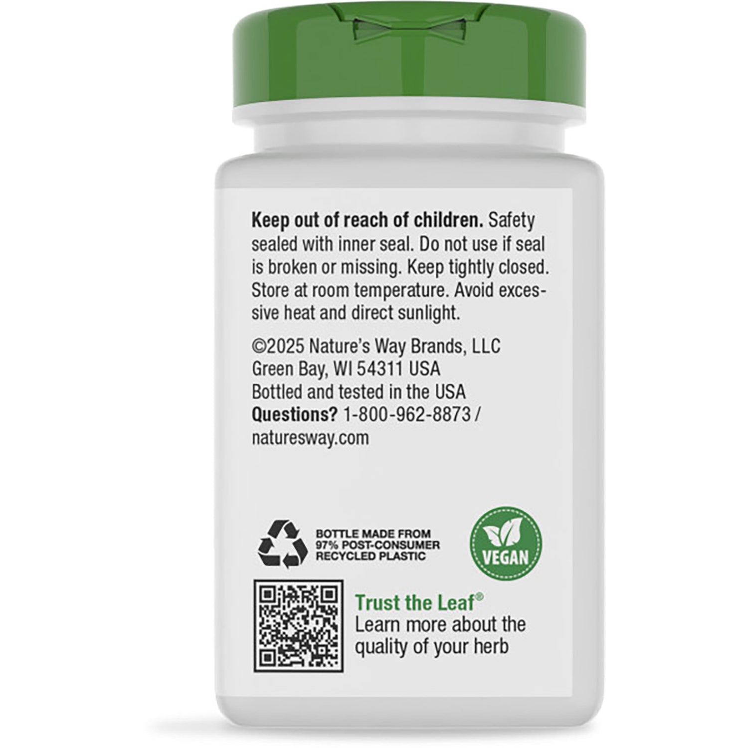 NW257 | back label of green supplement bottle showing Traditional Herb text, ingredient claims and barcode