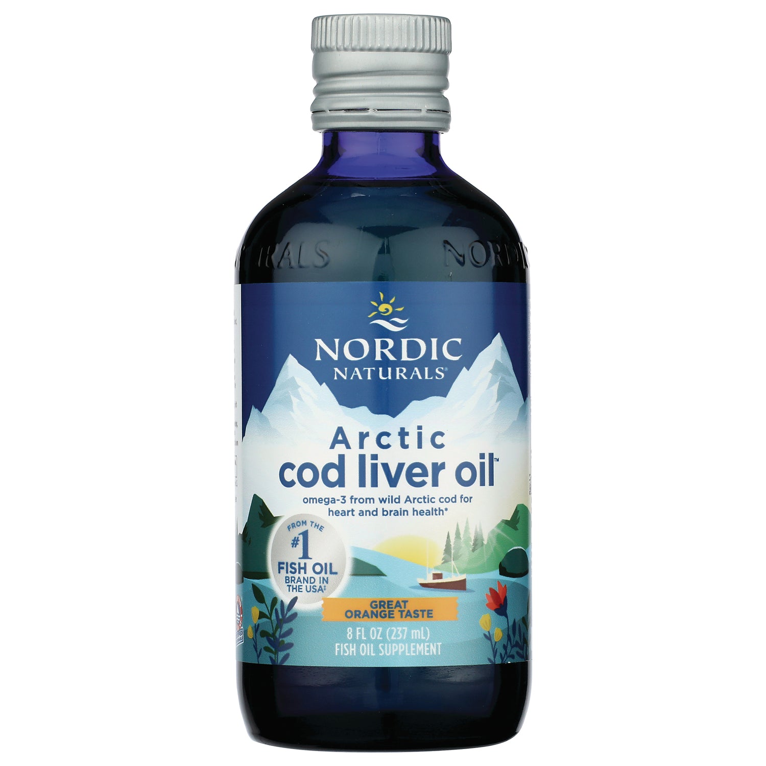 NRN073 | Nordic Naturals Arctic cod liver oil bottle 8 fl oz great orange taste front label