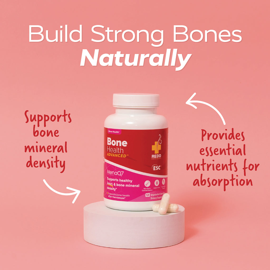 RED019 | Bone Health Advanced bottle on pink background with text Build Strong Bones Naturally, arrows highlight bone mineral density support and nutrient absorption - Thumbnail