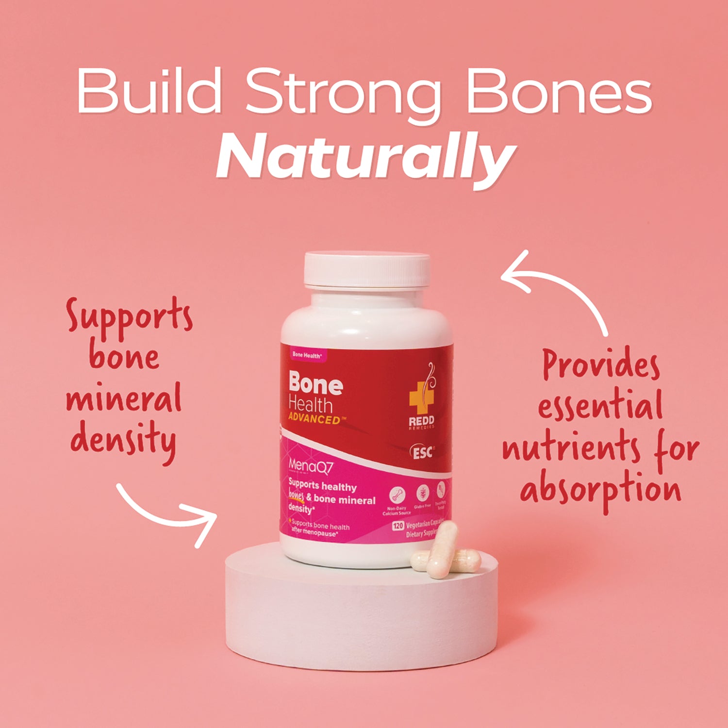 RED019 | Bone Health Advanced bottle on pink background with text Build Strong Bones Naturally, arrows highlight bone mineral density support and nutrient absorption