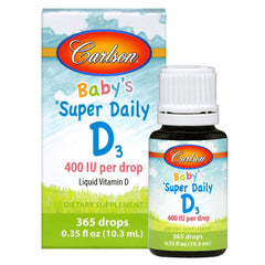 CSN203 | Carlson Baby's Super Daily D3 liquid vitamin D bottle and box, 400 IU per drop, 365 drops