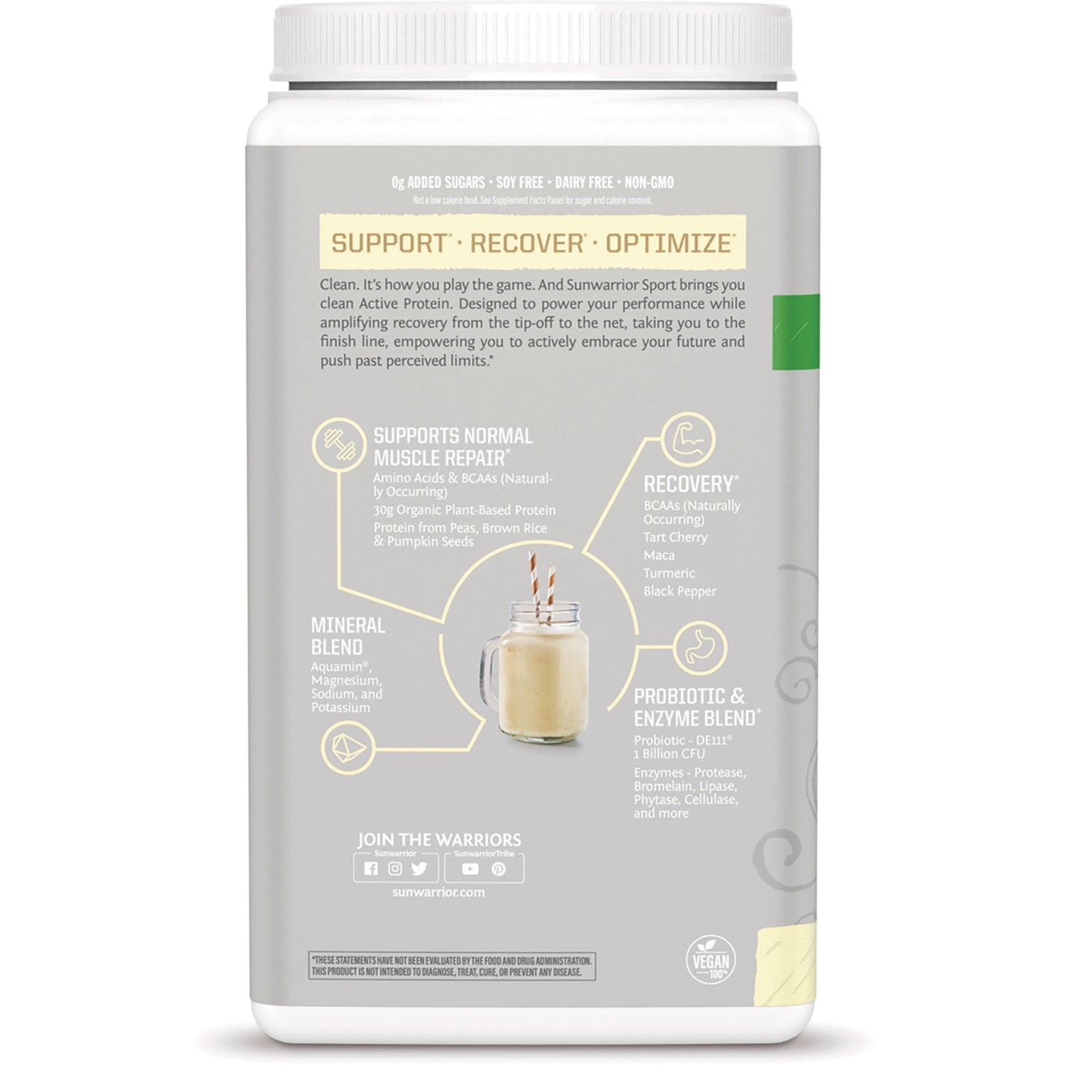 SNW045 | Back label with Support  Recover  Optimize and muscle repair, recovery, and probiotic blend highlights