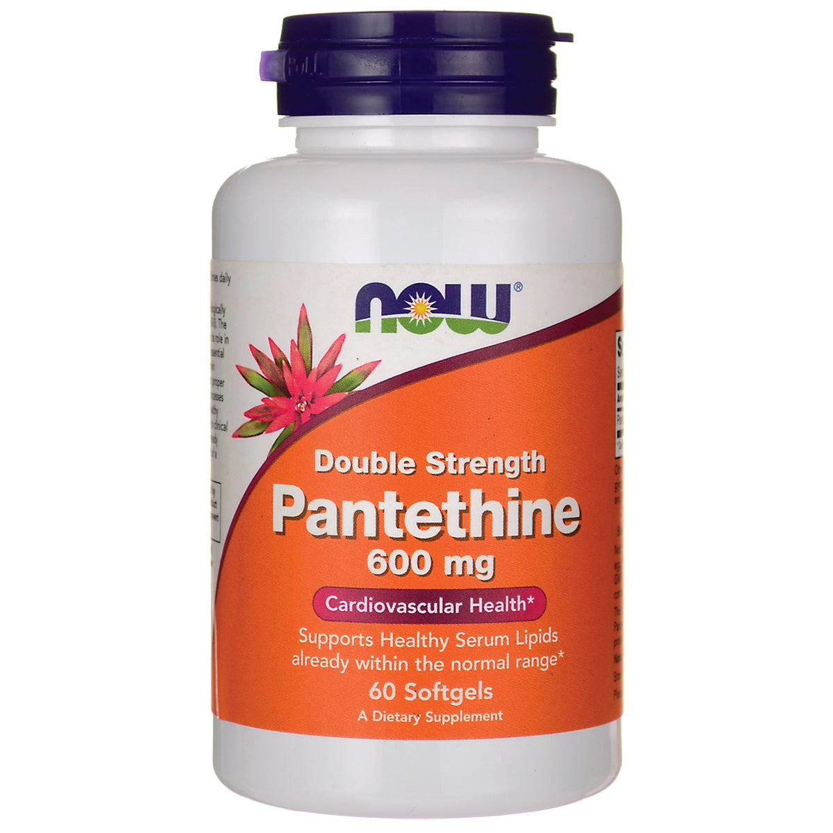 NWF263 | NOW Double Strength Pantethine 600 mg white bottle with orange label, 60 softgels
