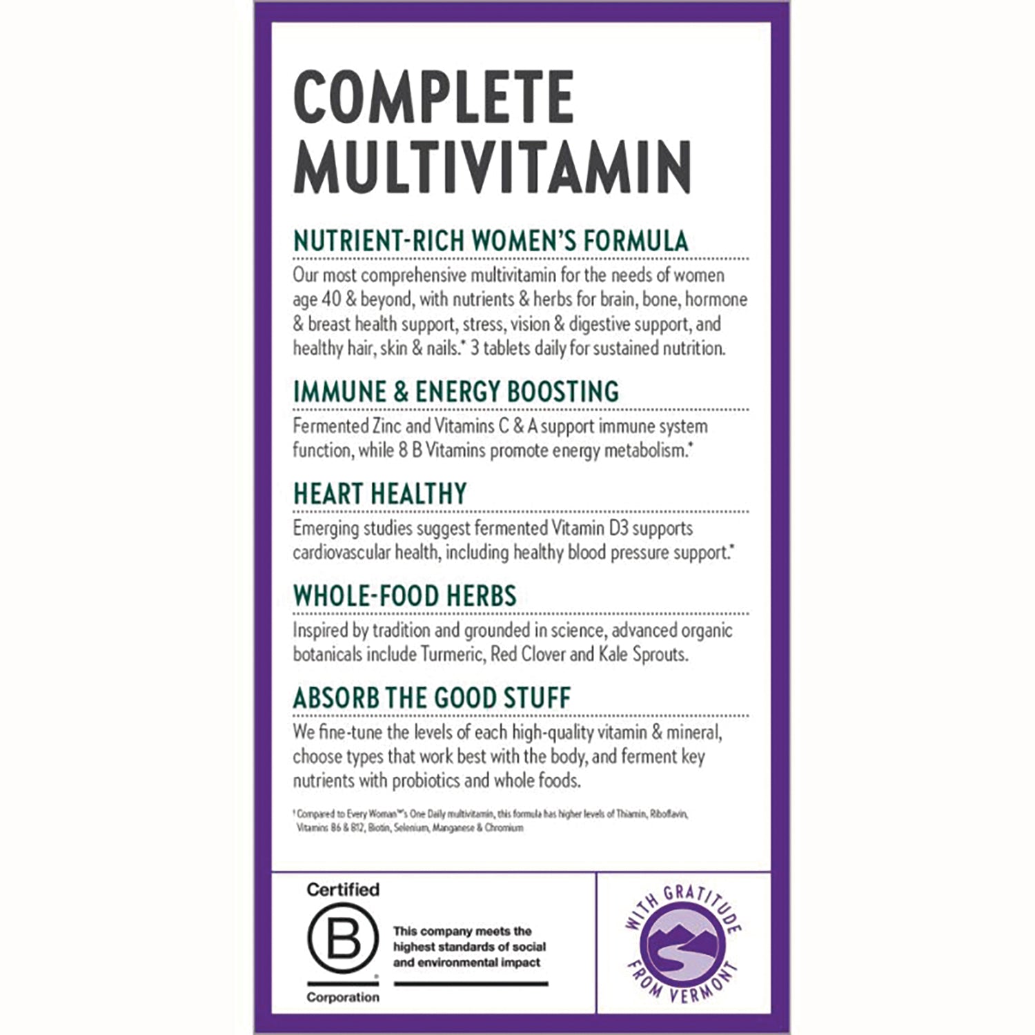 NWC142 | Complete Multivitamin infographic listing women's formula, immune and energy boosting, heart health, whole-food herbs