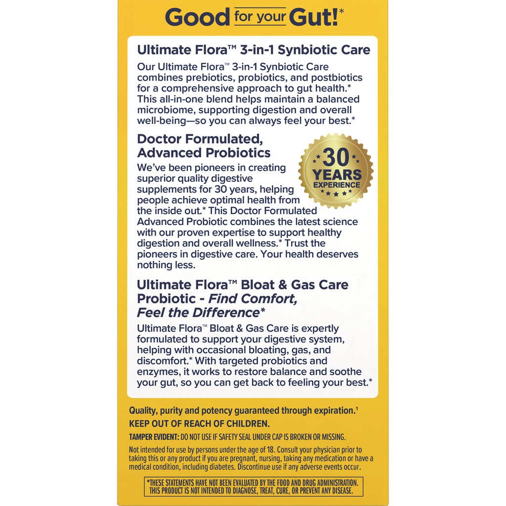 RNL258 | back panel of probiotic supplement box with product benefits, 30 YEARS EXPERIENCE seal and safety warnings - Thumbnail