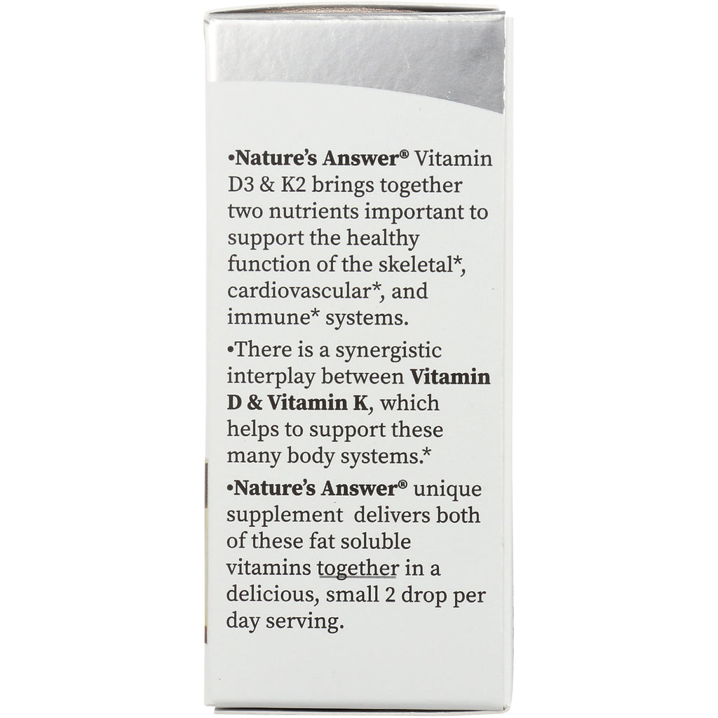 NAT407 | back panel showing Nature's Answer Vitamin D3 & K2 description, benefits, and 2 drop per day serving - Thumbnail