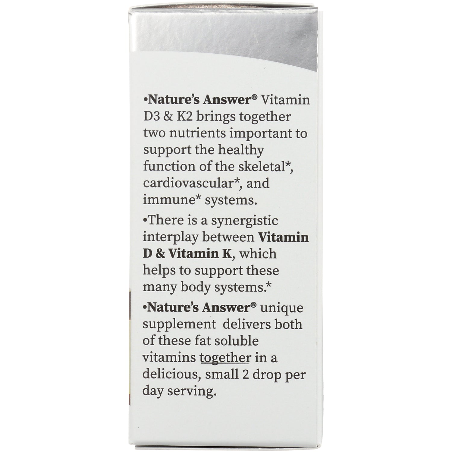 NAT407 | back panel showing Nature's Answer Vitamin D3 & K2 description, benefits, and 2 drop per day serving
