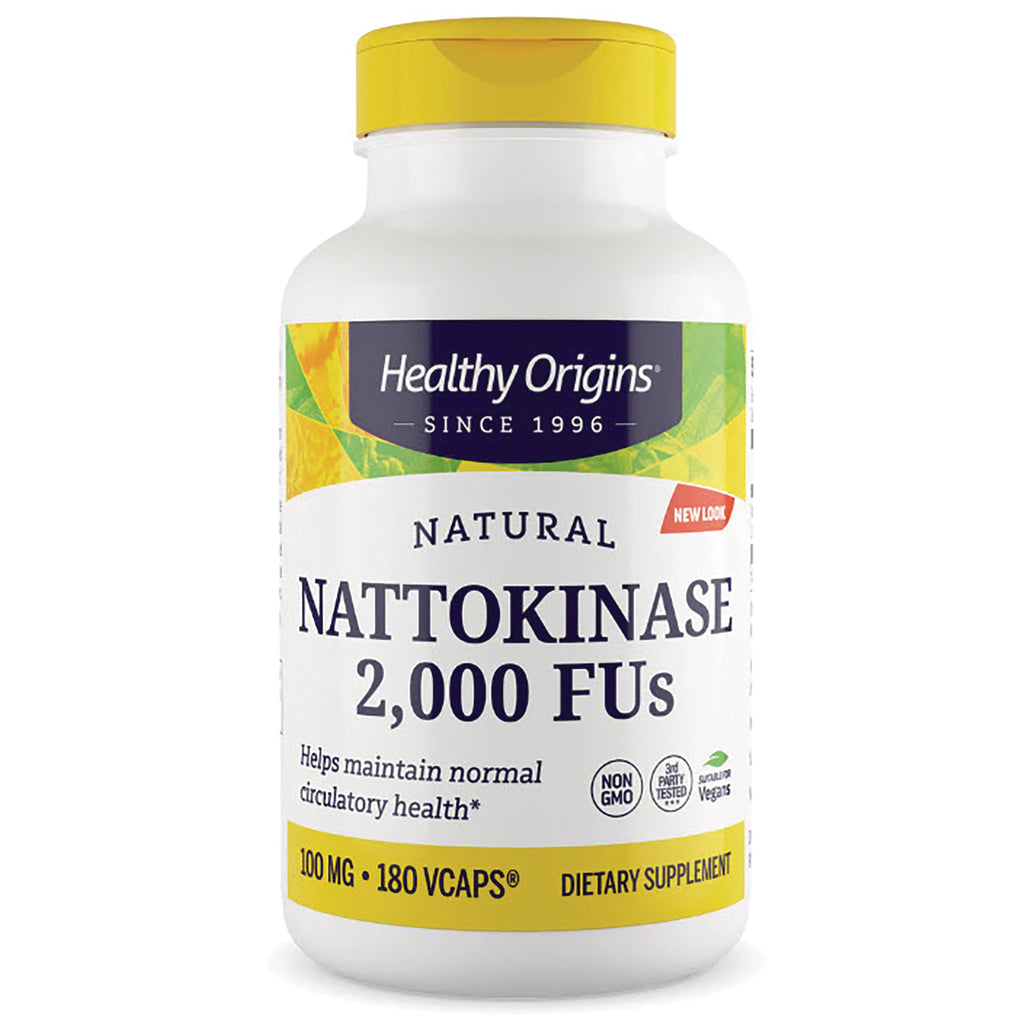 Healthy Origins bottle of Natural Nattokinase 2,000 FUs dietary supplement, 100 mg, 180 Vcaps - Thumbnail