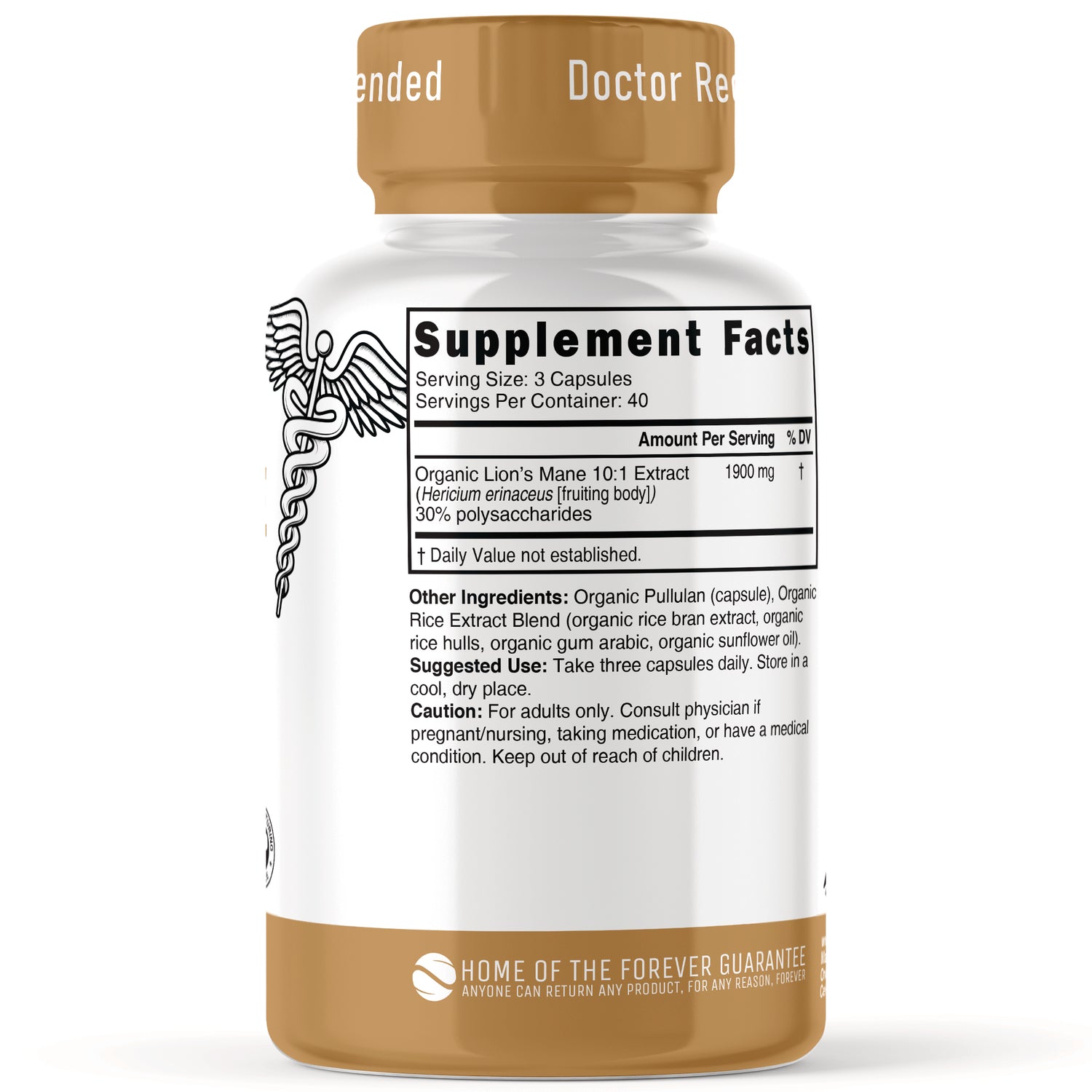 NFU004 | Back of white supplement bottle showing Supplement Facts label, serving size 3 capsules and ingredients panel
