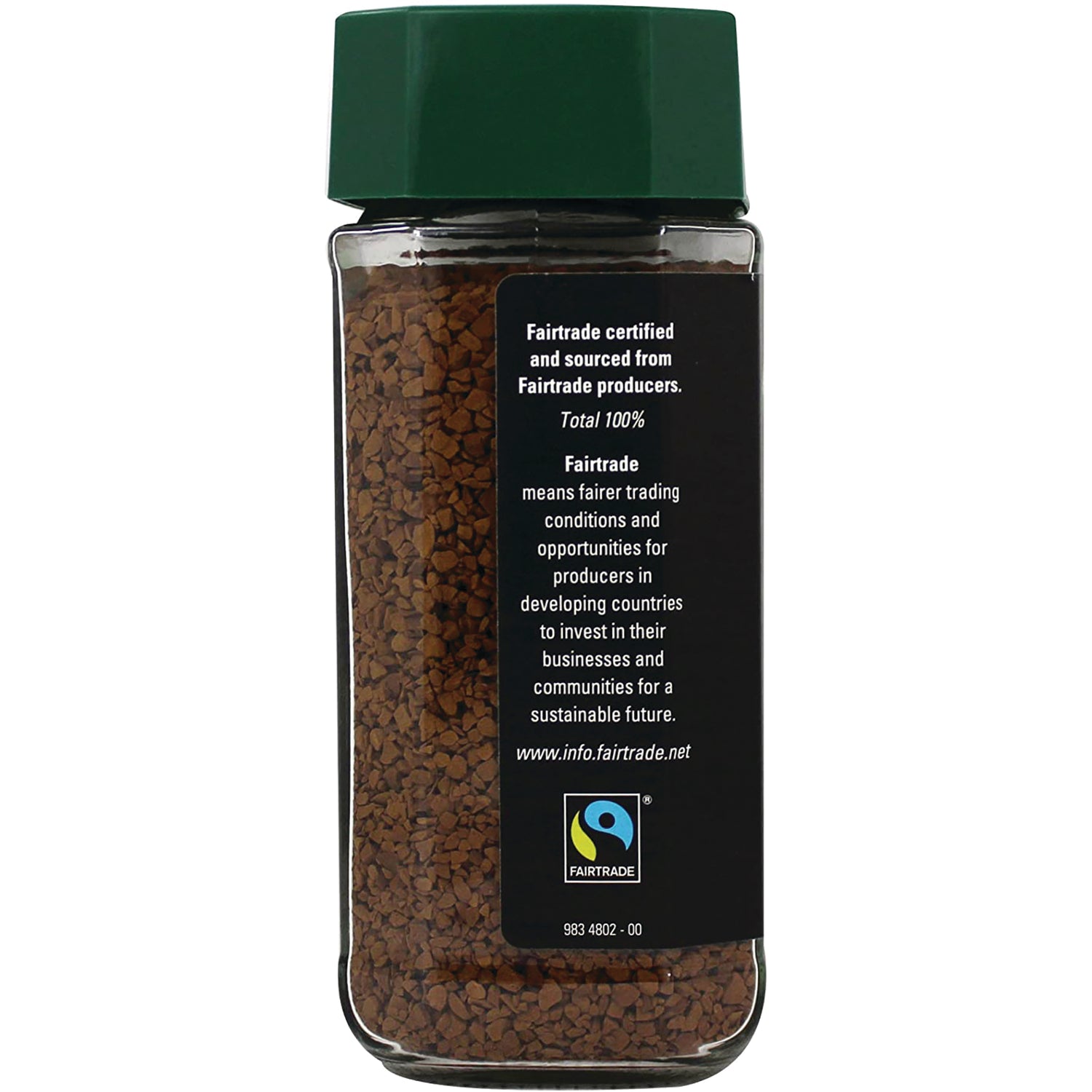 MTH005 | Glass jar of instant coffee with product infographic panel stating Fairtrade certified and sourcing information