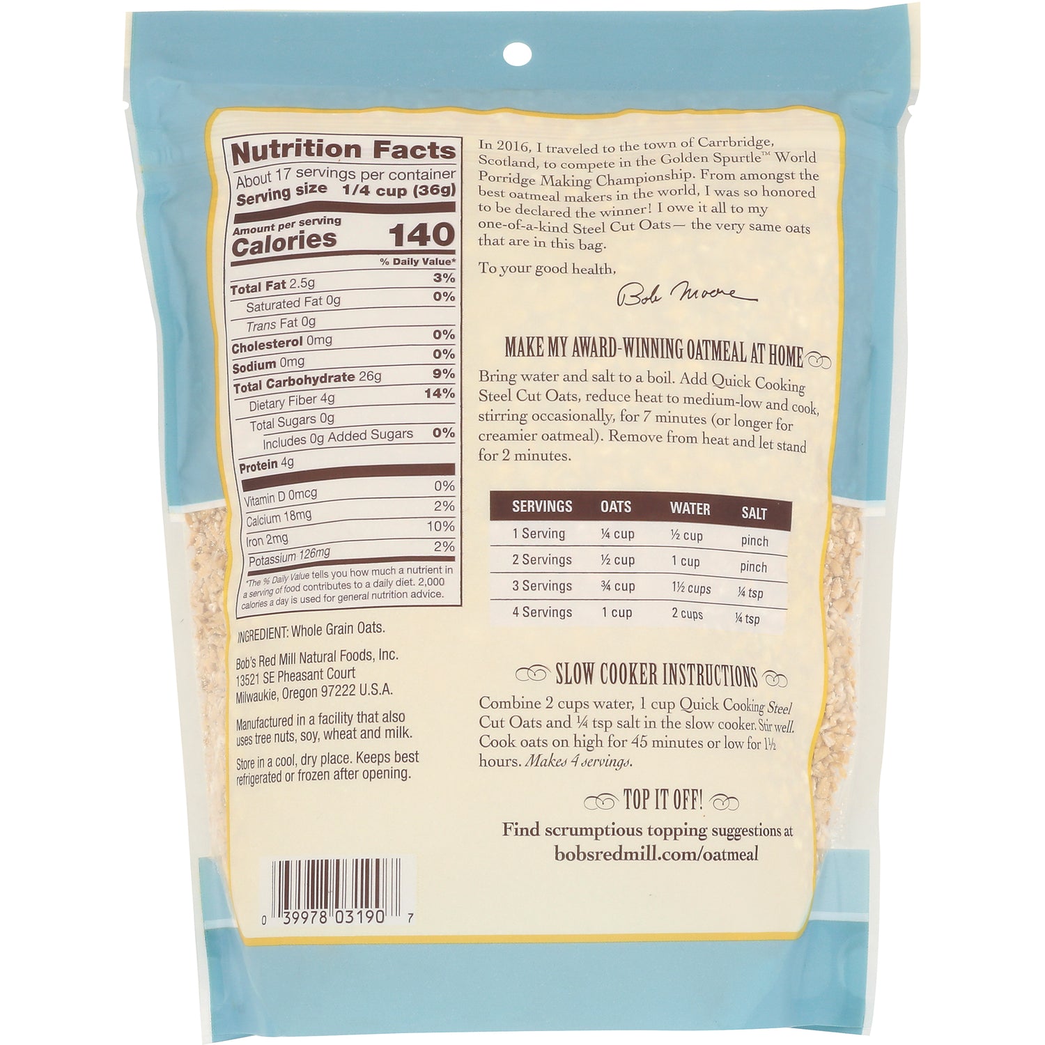 BOB339 | Back of oatmeal bag showing nutrition facts, serving table, cooking instructions, and barcode