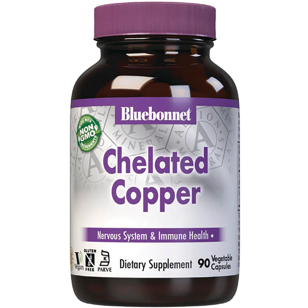 BLU066 | Bluebonnet Chelated Copper dietary supplement bottle with purple cap, 90 vegetable capsules, label Nervous System & Immune Health - Thumbnail