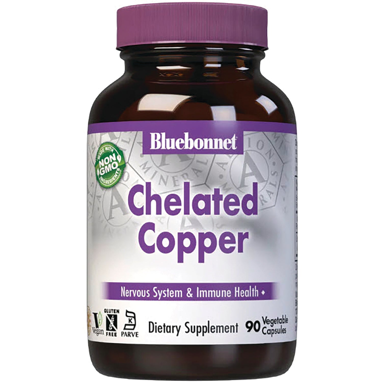 BLU066 | Bluebonnet Chelated Copper dietary supplement bottle with purple cap, 90 vegetable capsules, label Nervous System & Immune Health