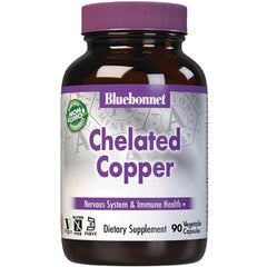 BLU066 | Bluebonnet Chelated Copper dietary supplement bottle with purple cap, 90 vegetable capsules, label Nervous System & Immune Health