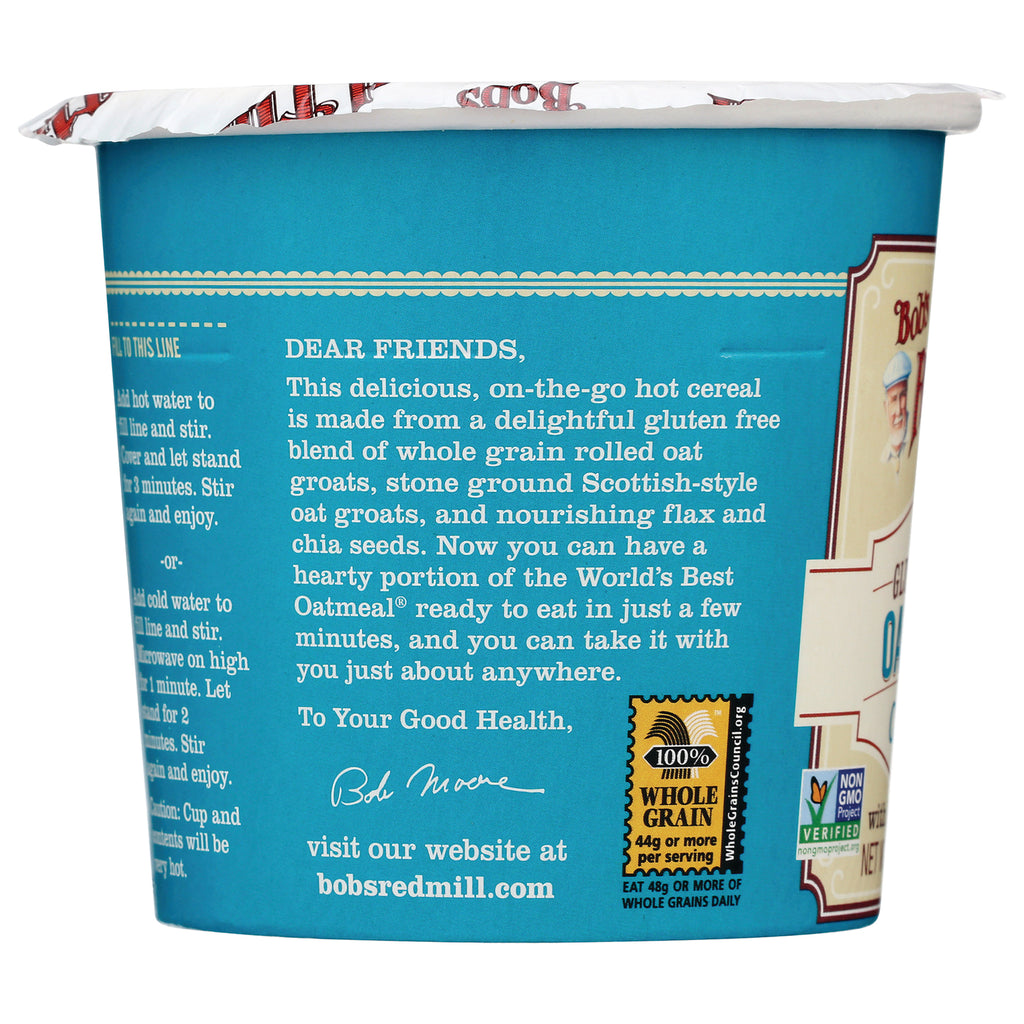 BOB226 | teal oatmeal cup side panel with product description text, whole grain badge, and bobsredmill.com - Thumbnail