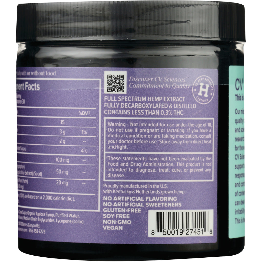 CV034 | Back label of purple supplement jar showing nutrition facts, warning box, product claims and barcode - Thumbnail