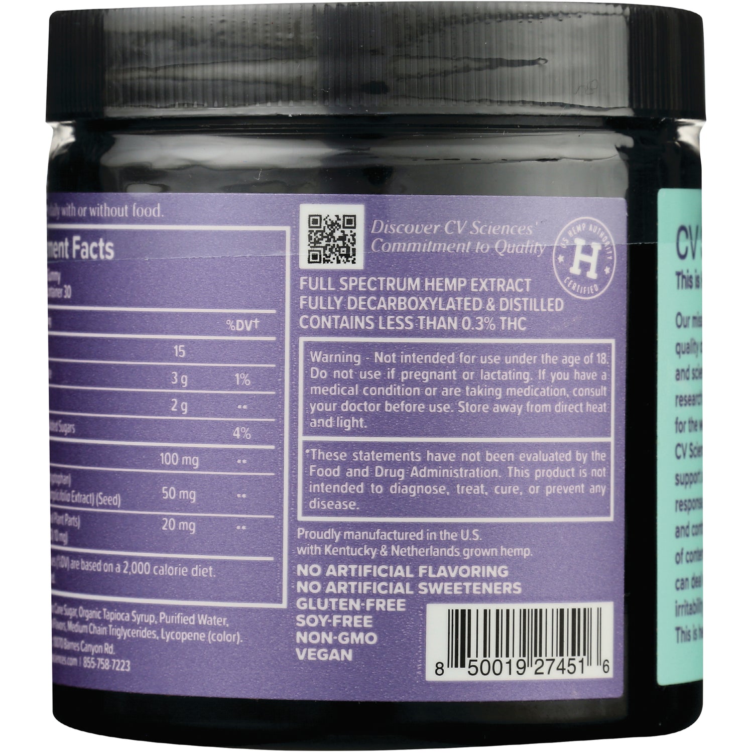 CV034 | Back label of purple supplement jar showing nutrition facts, warning box, product claims and barcode