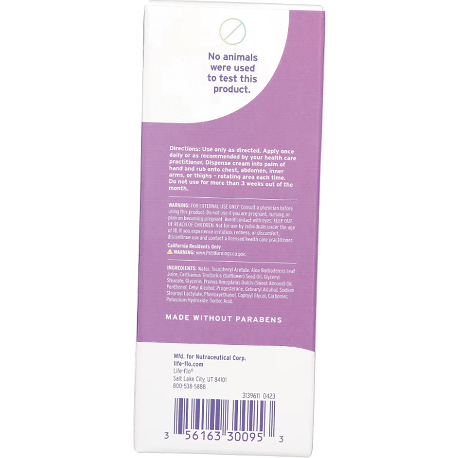 EMR012 | Back of purple and white product box showing directions, ingredients, barcode, No animals were used to test this product and Made without parabens