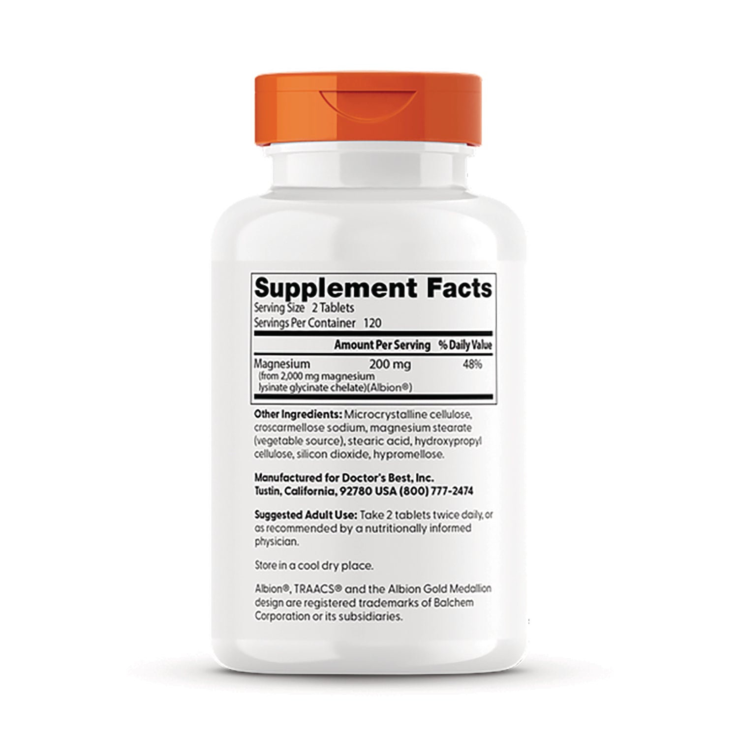 DB111 | back of white supplement bottle showing Supplement Facts panel with magnesium 200 mg and ingredient and usage text