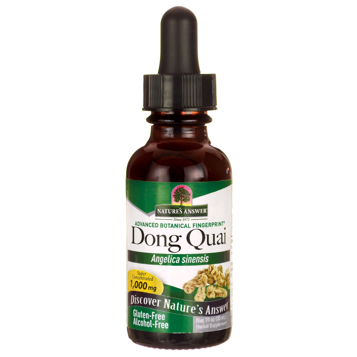 NAT125 | Amber dropper bottle labeled Dong Quai Angelica sinensis 1,000 mg gluten-free alcohol-free