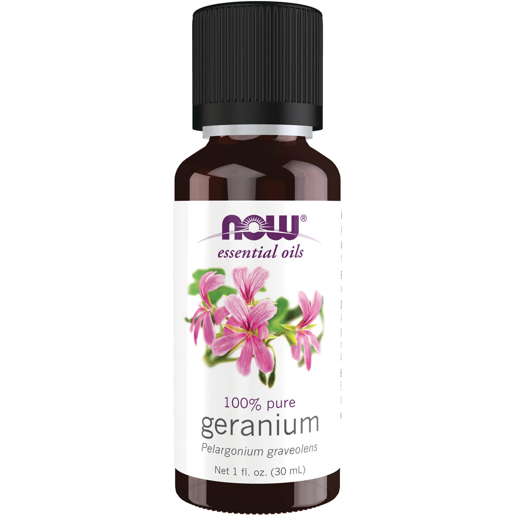NWF477 | NOW essential oils 100% pure geranium bottle, 1 fl oz (30 mL) with pink geranium flowers on label - Thumbnail
