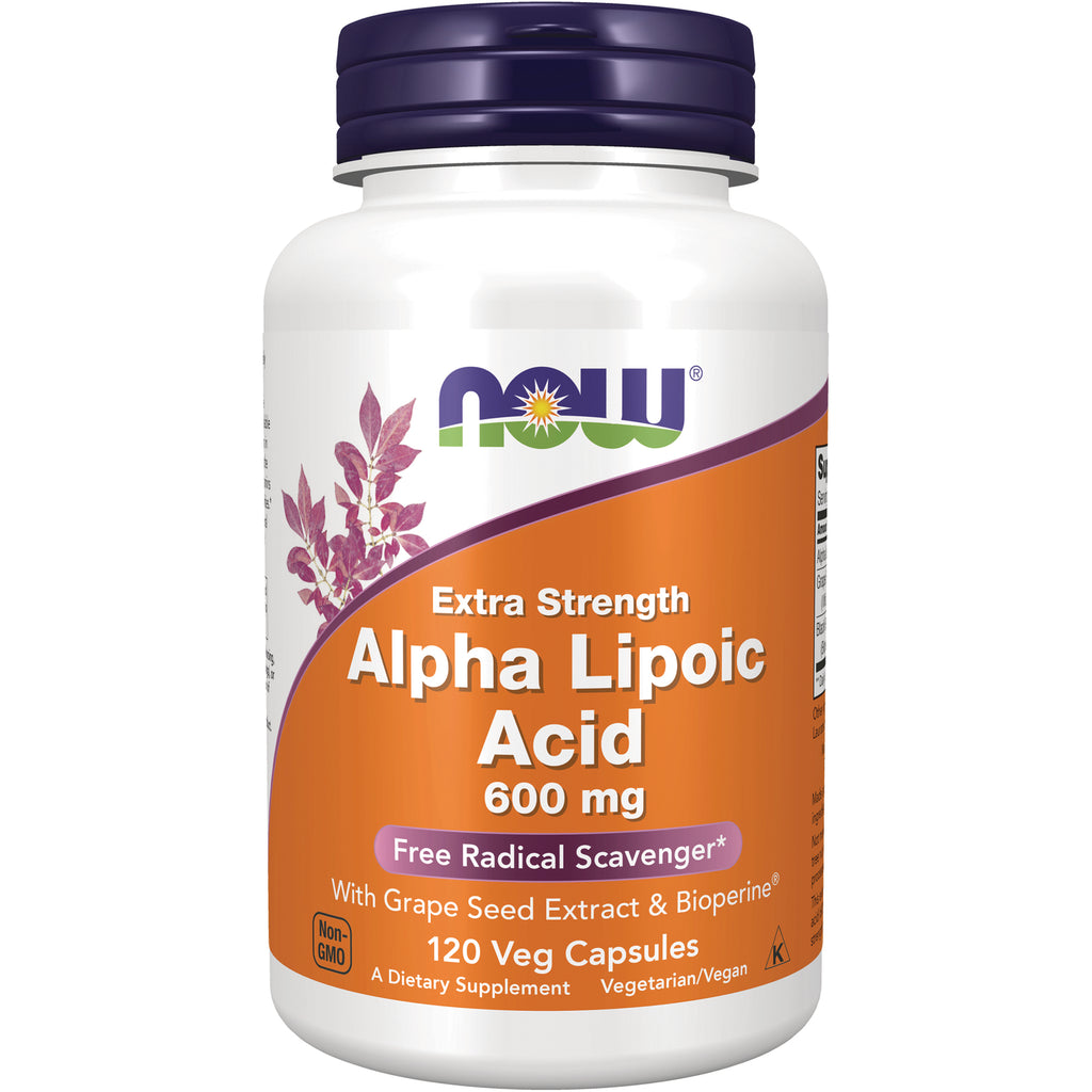 NWF655 | White bottle labeled Extra Strength Alpha Lipoic Acid 600 mg 120 Veg Capsules, orange NOW label - Thumbnail