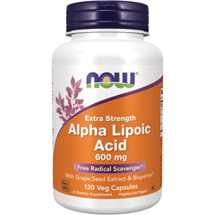 NWF655 | White bottle labeled Extra Strength Alpha Lipoic Acid 600 mg 120 Veg Capsules, orange NOW label