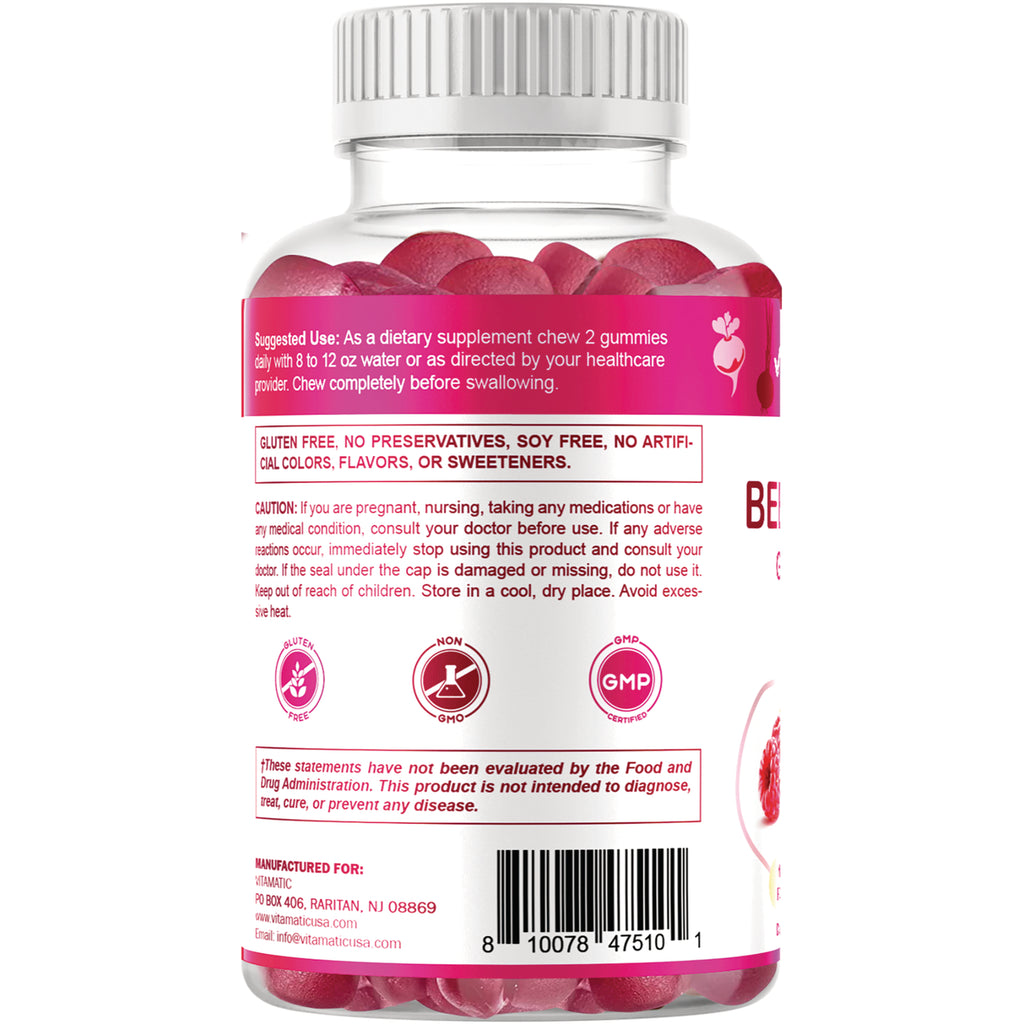 VAM011 | Back of gummy supplement bottle with suggested use, gluten free, non-GMO, GMP icons, and barcode - Thumbnail