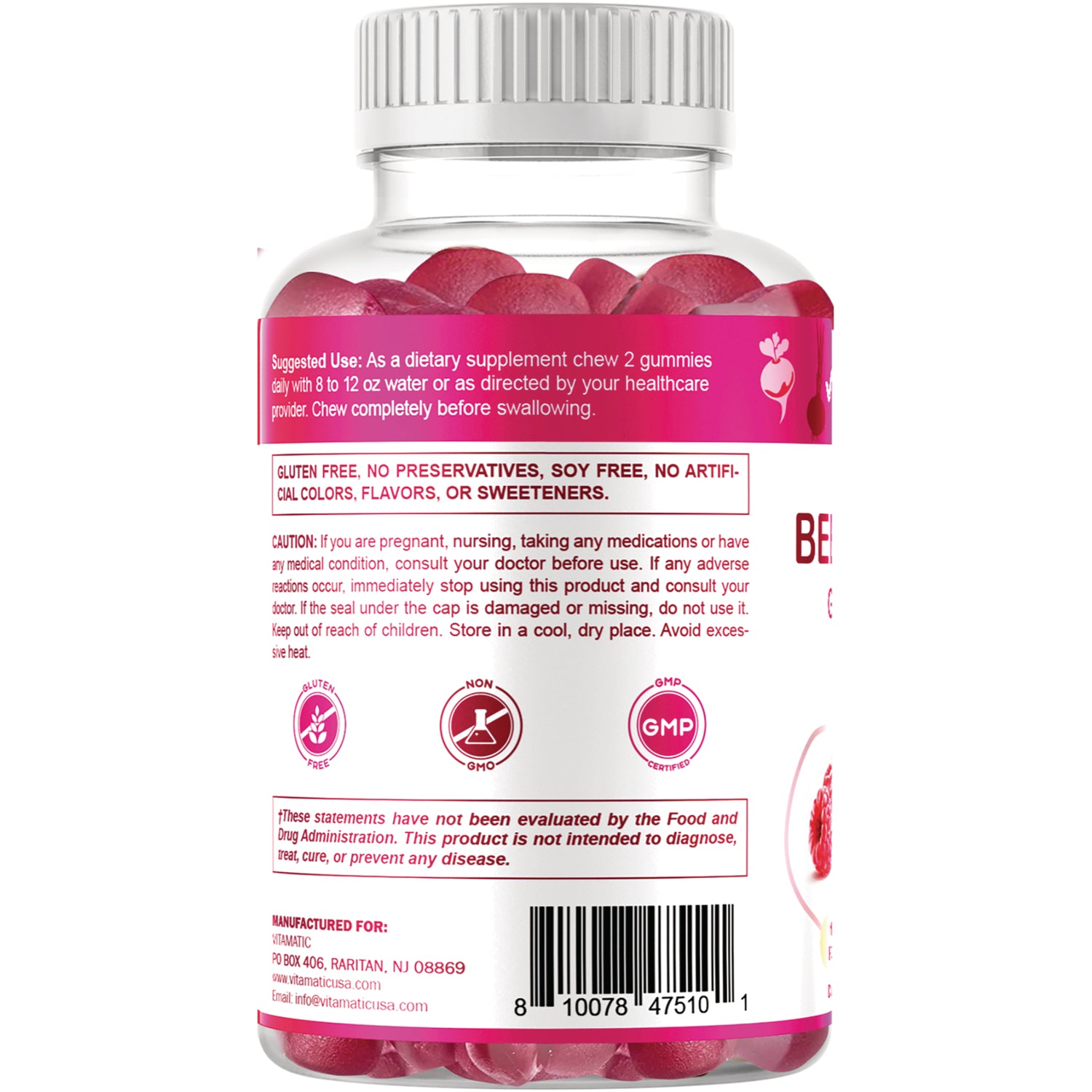 VAM011 | Back of gummy supplement bottle with suggested use, gluten free, non-GMO, GMP icons, and barcode