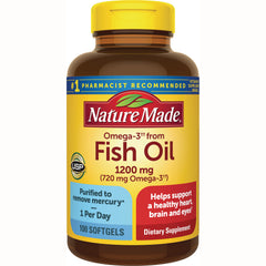 NTM170 | Nature Made Fish Oil 1200 mg supplement bottle, 100 softgels, label reads Purified to remove mercury 1 Per Day