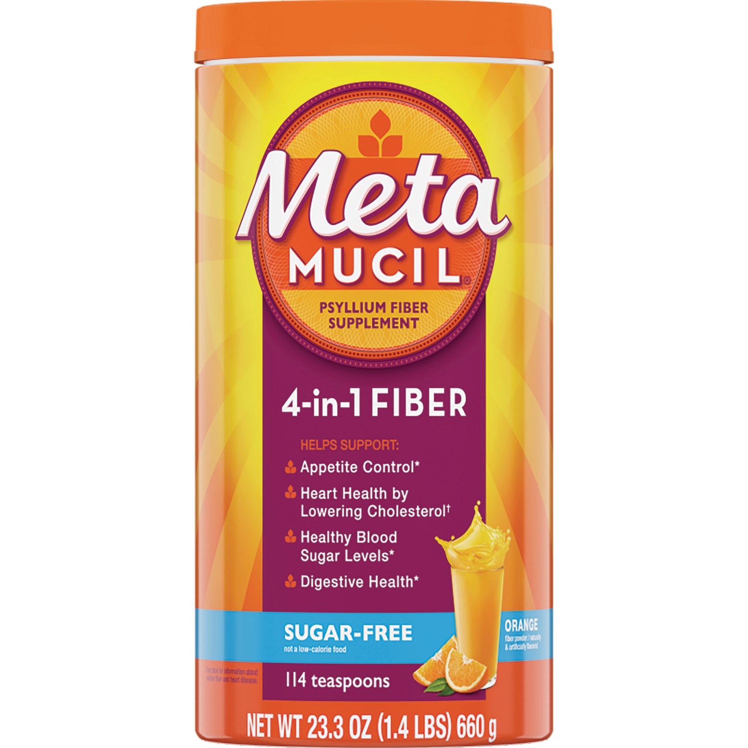MTA001 | Metamucil psyllium fiber supplement container, 4-in-1 fiber sugar-free orange front view