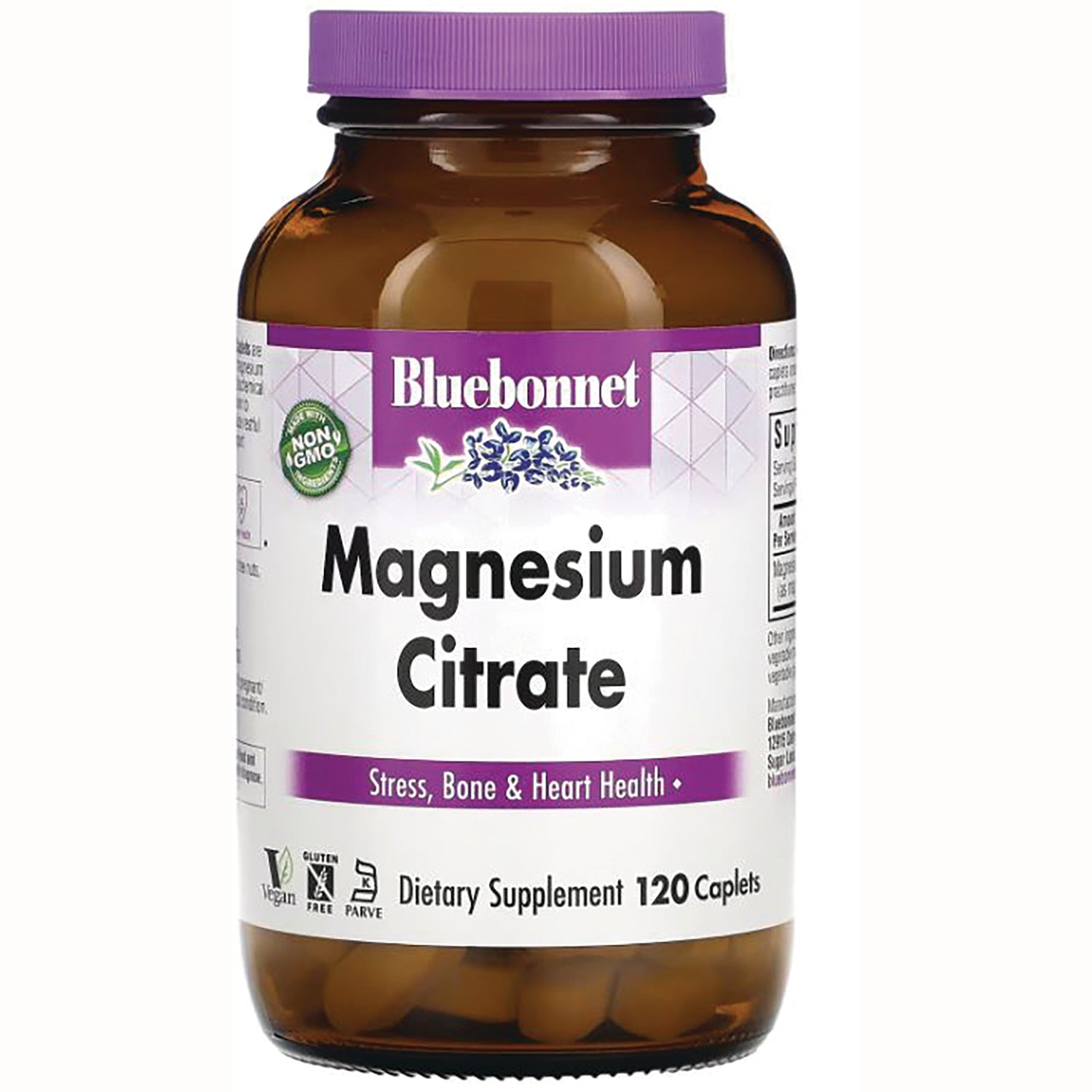BLU098 | Bluebonnet Magnesium Citrate dietary supplement bottle, 120 caplets, amber bottle with purple cap and label