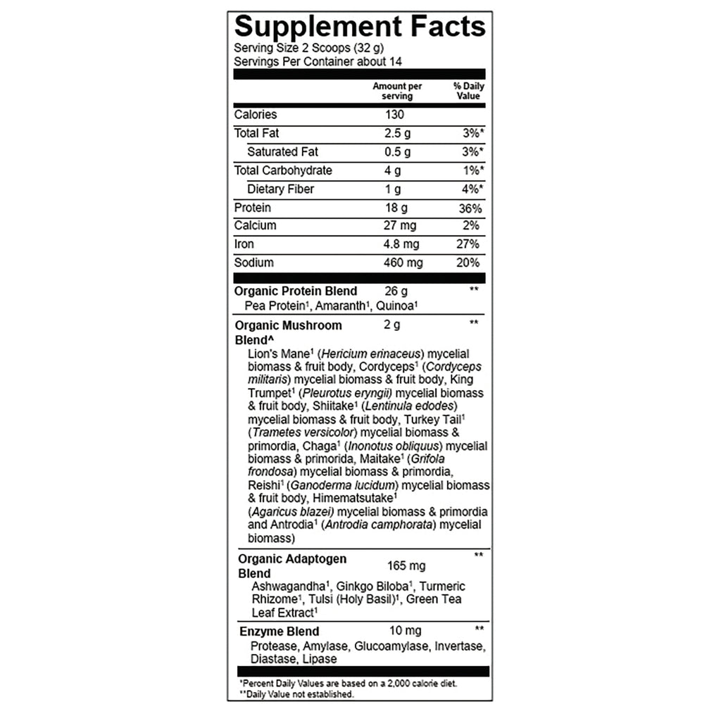 PFU031 | Supplement Facts nutrition panel showing serving size, calories, protein, organic blends and ingredient details - Thumbnail