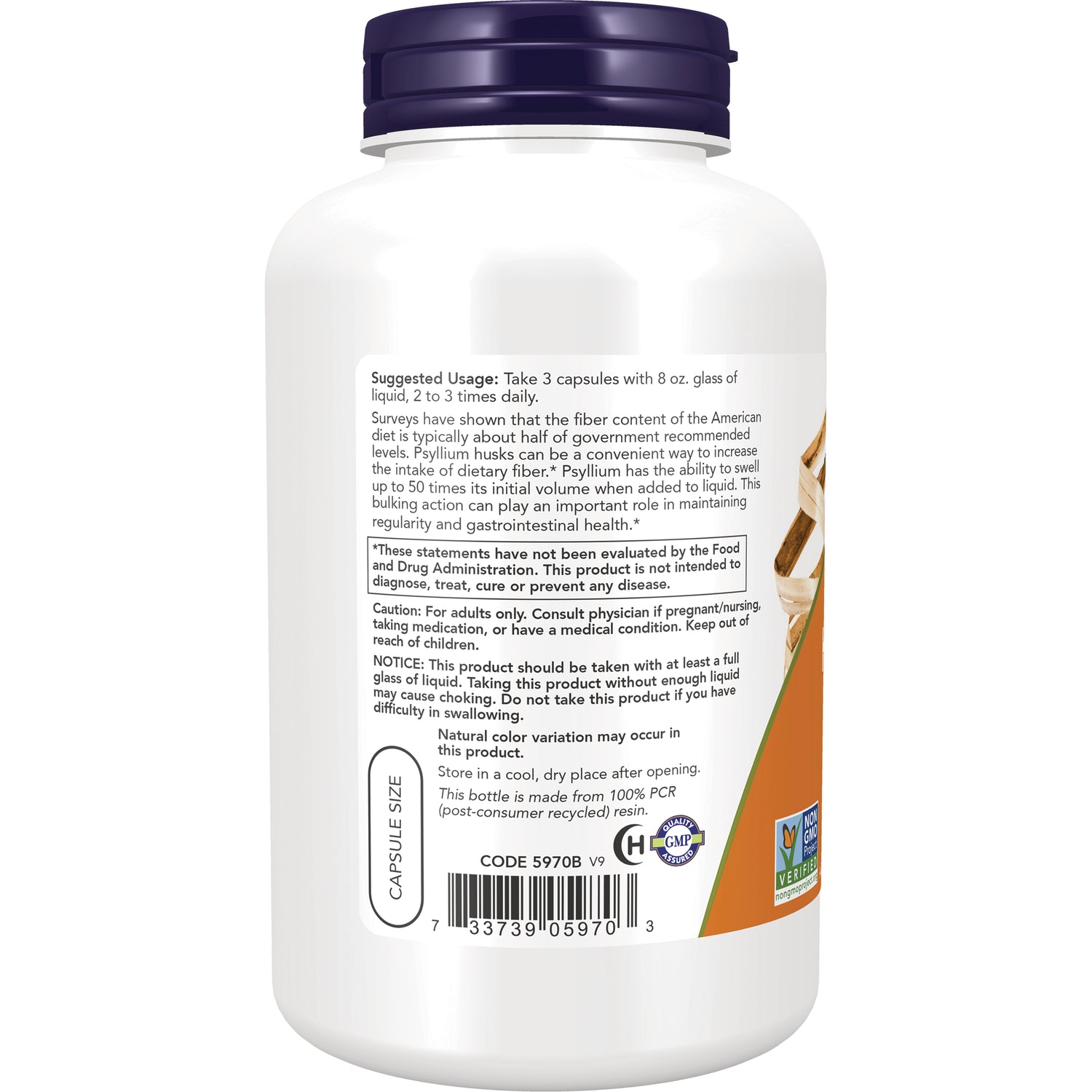 NWF566 | Back label of white supplement bottle showing suggested usage, warnings, capsule size and barcode