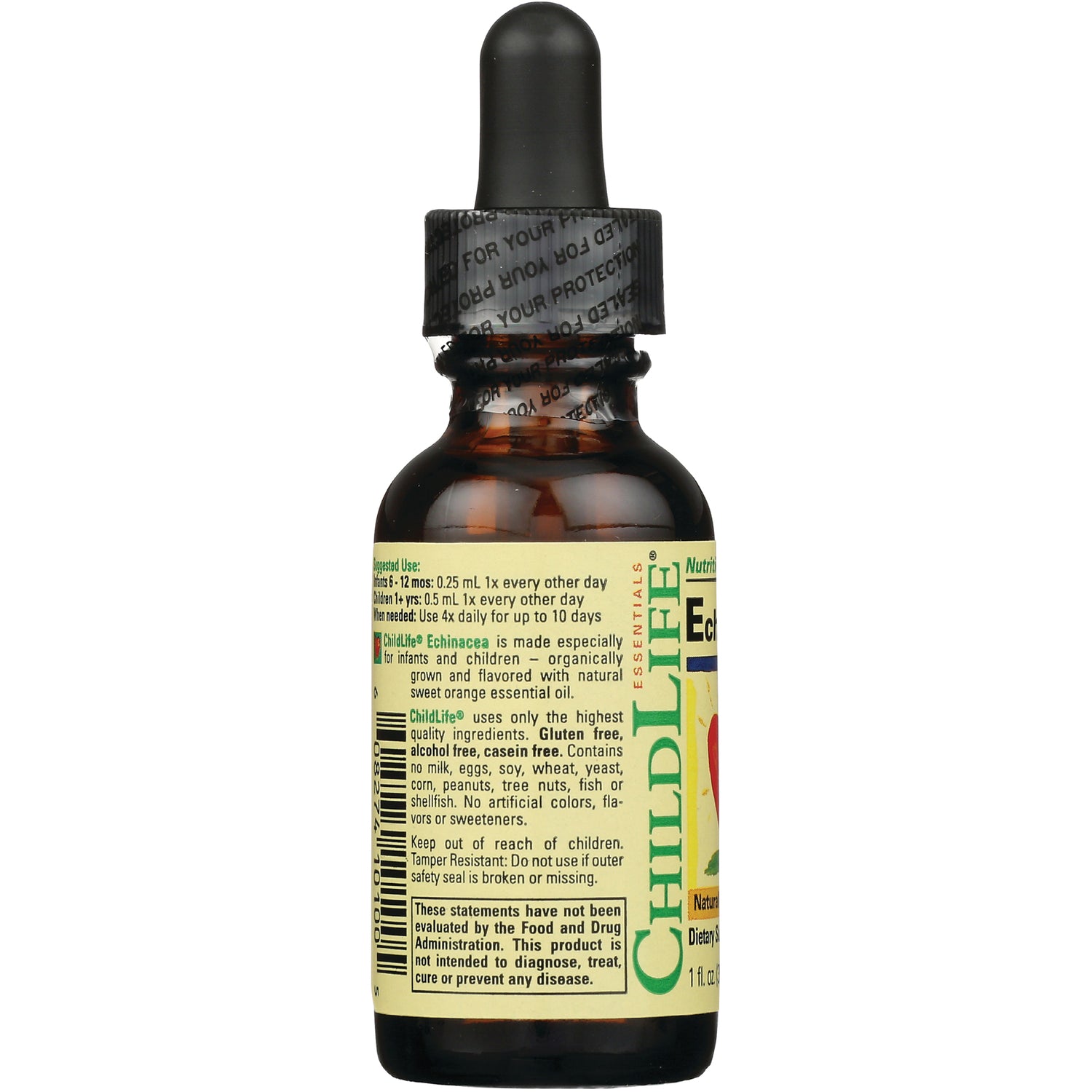 CHL006 | amber dropper bottle showing back label with ingredients, warnings, barcode and ChildLife branding