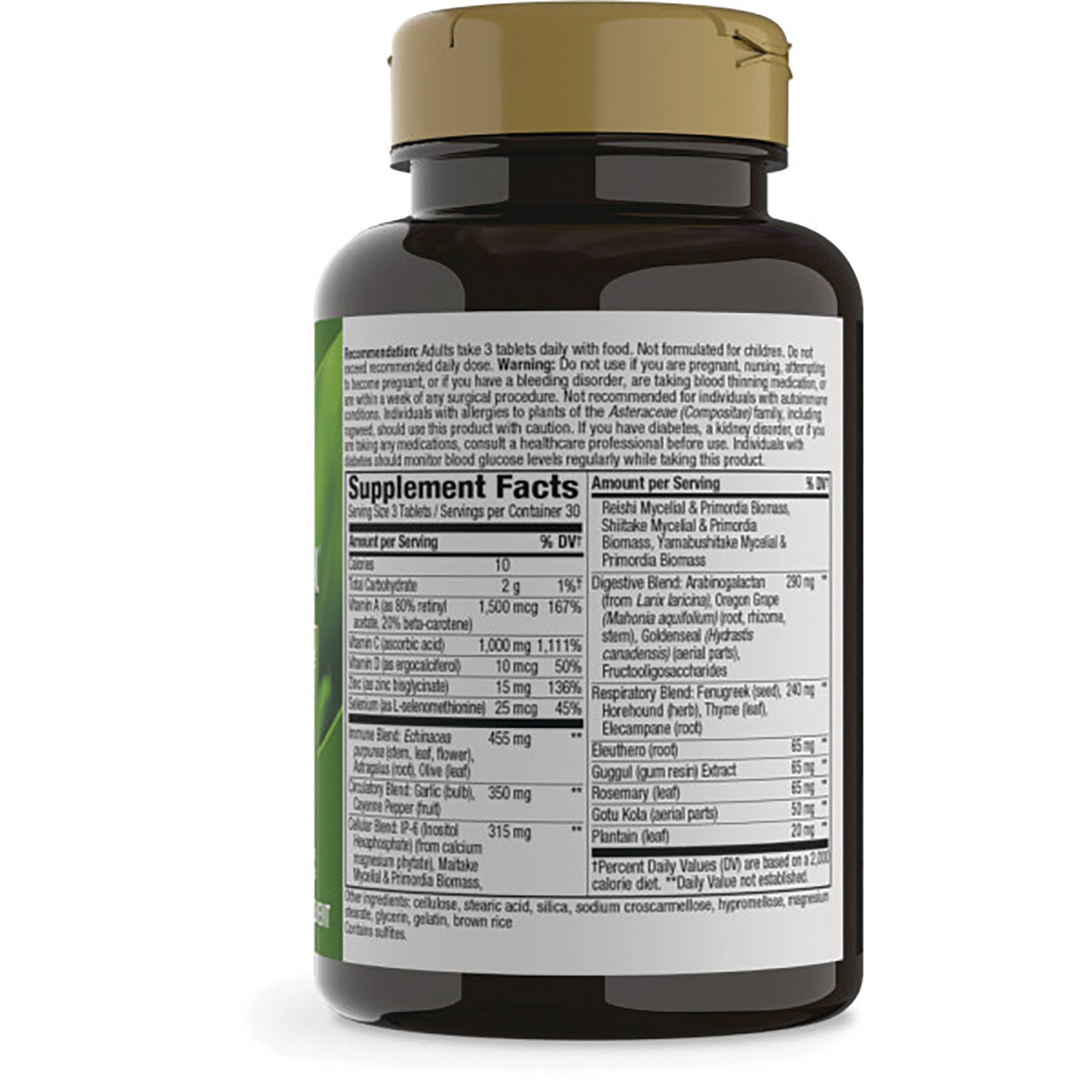 NW574 | Back label showing Supplement Facts and ingredients on brown supplement bottle