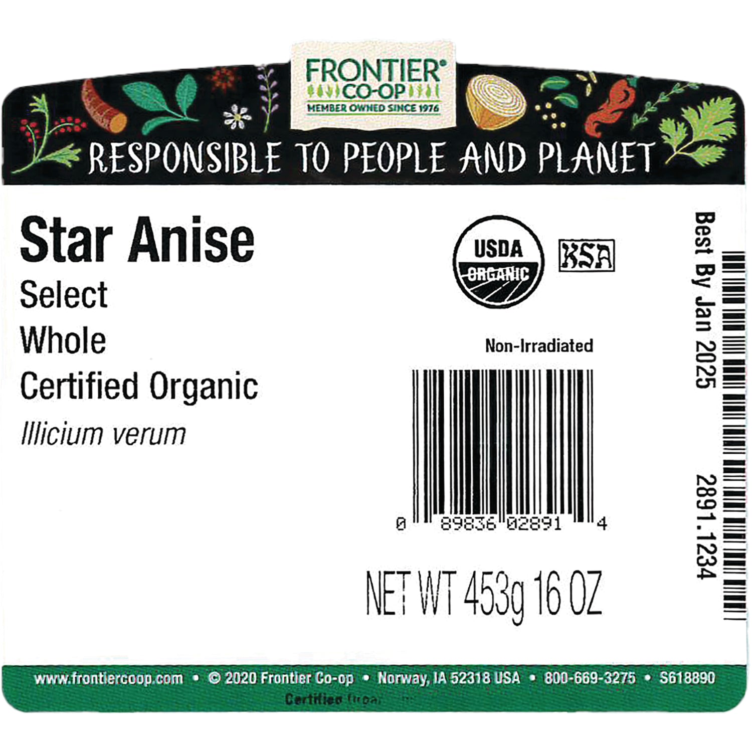 FNP382 | back label for Frontier Star Anise showing barcode, USDA Organic seal, non-irradiated note, and net wt 453g 16 oz