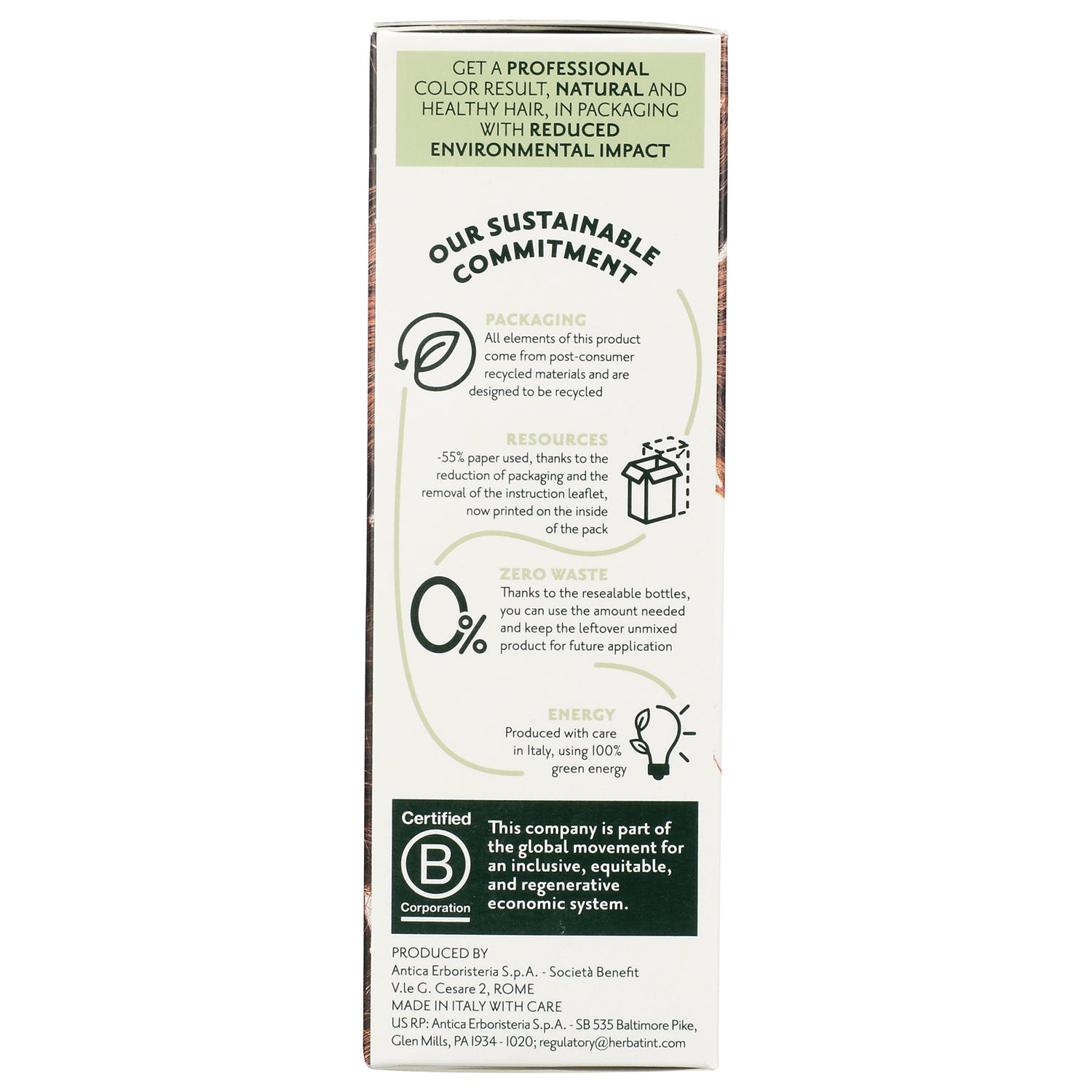 HBT016 | back panel showing sustainable commitment text, icons and B Corporation certification
