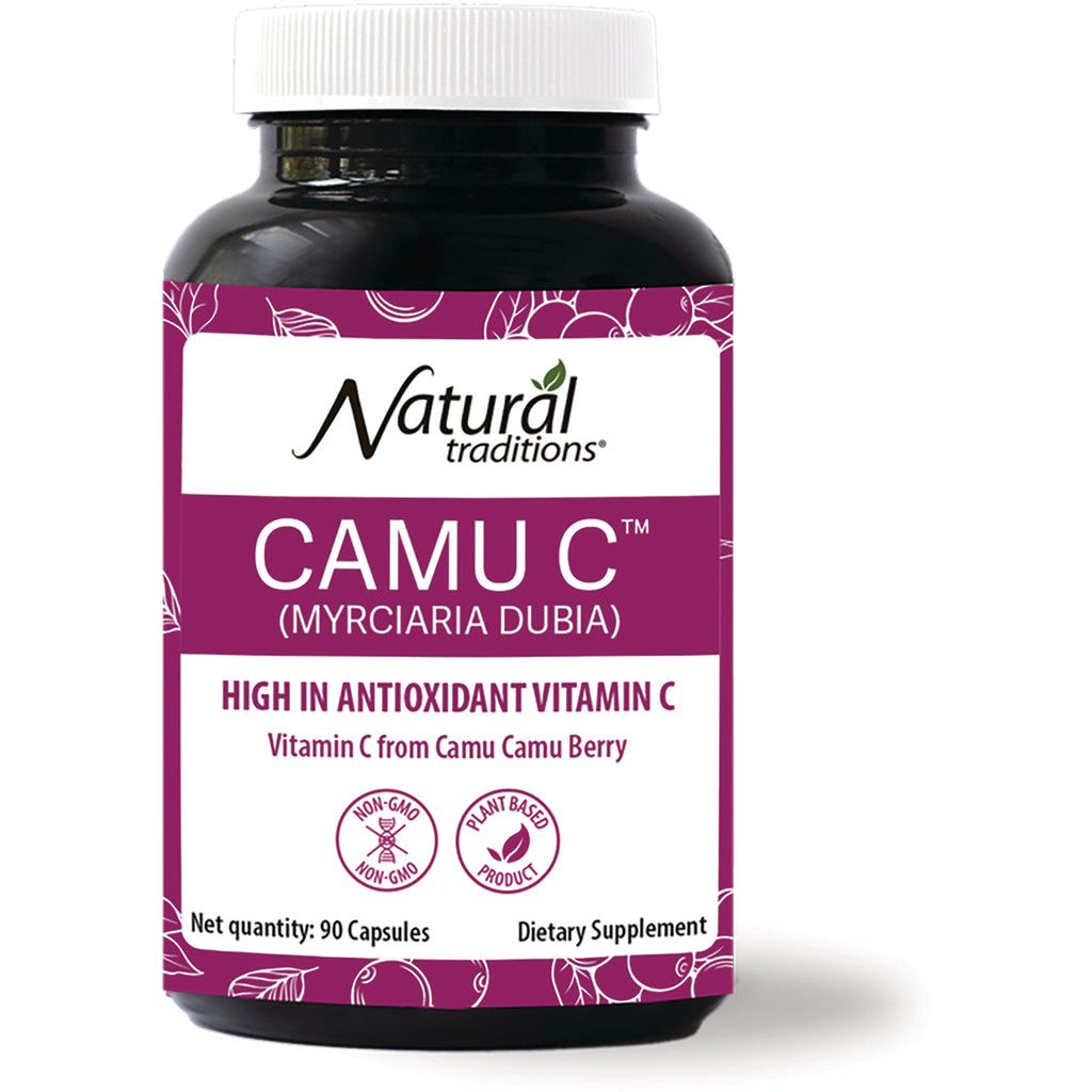OTR077 | Natural Traditions CAMU C supplement bottle front label, high in antioxidant vitamin C, 90 capsules - Thumbnail