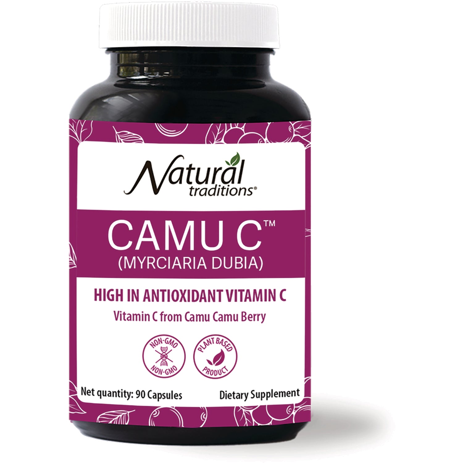 OTR077 | Natural Traditions CAMU C supplement bottle front label, high in antioxidant vitamin C, 90 capsules