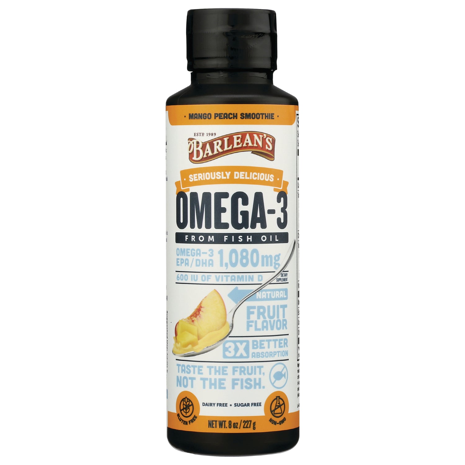 BAR046 | Barlean's Omega-3 mango peach smoothie liquid fish oil bottle front label showing 1,080 mg and fruit flavor