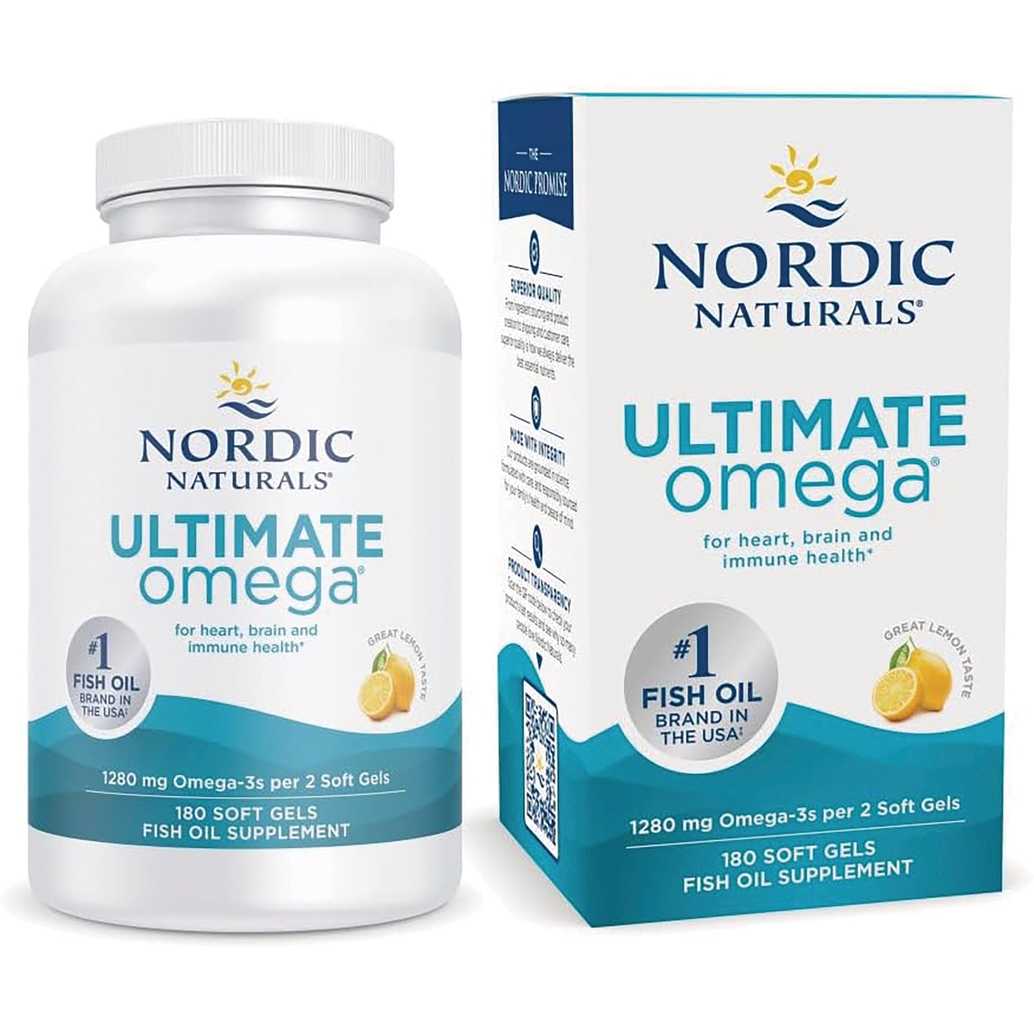 NRN009 | Nordic Naturals Ultimate Omega bottle and box, 180 soft gels, lemon flavor